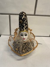 Pierrot Clown Jester Pincushion Doll Porcelain Face Head 5" tall Sand Bag