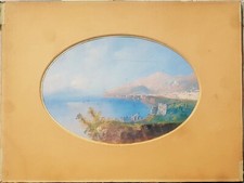 Gouache antica 1880 circa scuola napoletana veduta Sorrento tempera ovale
