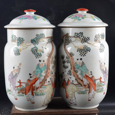 Coppia di vasi personalità porcellana rosa famiglia dipinti a mano arte da collezione