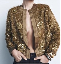 ZARA LIMITED MAGLIA ORO BLAZER CARDIGAN GIACCA CAMICIA CON PAILLETTES ORO TAGLIA S 