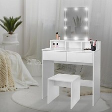 Set toeletta per trucco specchio LED con sedia tavolino make-up legno MDF bianco