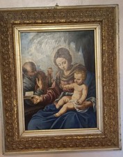 Antico dipinto Olio su Tela Natività con cornice lignea autentica