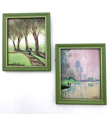 2 dipinti vintage originali firmati e incorniciati Dominic Mingolla smaltati su rame