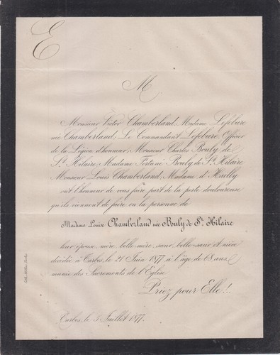 1877 faire part décès mme - 1877,