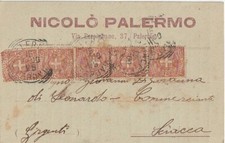 PALERMO 16.3.1900 Cartolina con coppia + 3 del 2c Stemma di Savoia x Sciacca