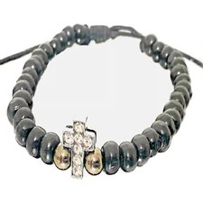 Bracciale da uomo nero con croce di zirconi  braccialetto di perle regolabile