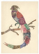 FRANCOBOLLO ART COLLAGE - PAPPAGALLO coda lunga su ramo - cartolina d'epoca