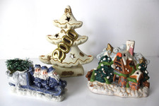 Lotto 3 Decorazioni Natale Ceramica Portacandele Slitta Babbo Natale Albero 2000