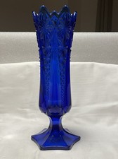 Vaso piedistallo vetro pressato blu cobalto vintage 24 cm bordo crimpato A/F metà secolo