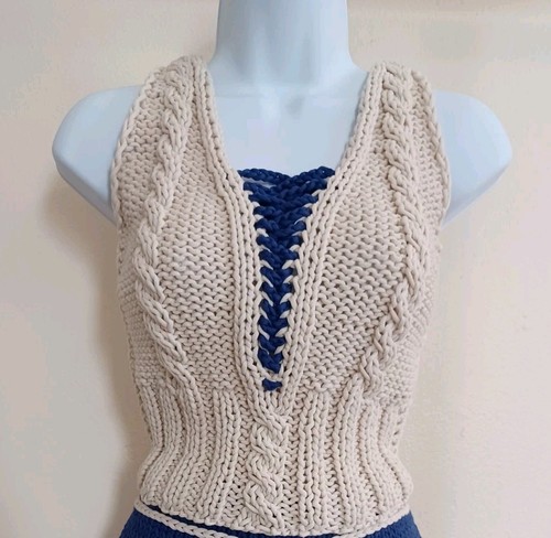 Top bianco navy intrecciato - top, bianco/navy