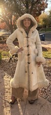 Cappotto vintage Caribou pelle shearling bianco sporco donna S o M con cappuccio pennylane