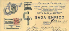Fattura int. DITTA SADA & SAPORITI Compassi Calibri Livelli. Milano 1919