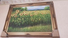 quadro PAESAGGIO GIRASOLI dipinto CORNICE LEGNO FOGLIA ORO OLIO SU TELA 86X116CM