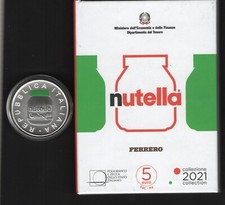 Italia moneta 5 Euro argento 2021 Nutella verde in confezione di Zecca.