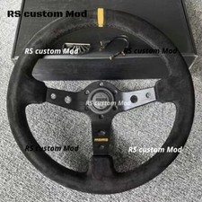 Volante Momo scamosciato Racing Sport 350m piatto profondo aghi gialli e neri