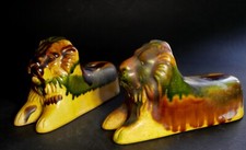 Paire Lions céramique Anduze, serre livre, support Vintage statuette animalière