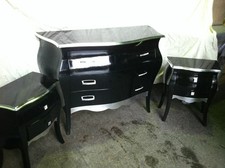 COMO' + 2 COMODINI BOMBATO LACCATO NERO E FOGLIA ARGENTO MANIGLIE SWAROSKY 