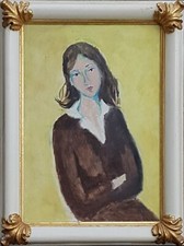 Enrico Paulucci (Genova 1901 - Torino 1999).Donna a sfondo giallo, olio su tela.