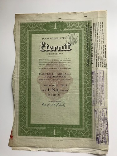 Certificato azionario eternit - certificato,