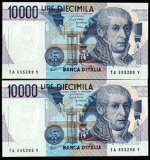  X 1 BANCONOTA  10000 LIRE  VOLTA CONSECUTIVE LETTERA A 03/09/1984 FDS/UNC