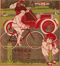 PUBBLICITA' 1908 FRERA BICICLETTE MOTO AUTOMOBILI FUTURISMO UMBERTO BOCCIONI 