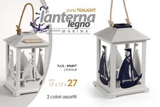 LANTERNA PORTACANDELA BARCA MARE LEGNO TEA LIGHT BIANCO BLU ANTIC ASSOR 27*17