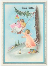 NonViaggiata cartolina vintage Buon Natale angeli altalena decorazioni natalizie