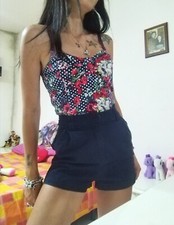 Tutina Intera Playsuit Donna Senza Spalline Fiori Shorts Vita Alta Blu 36/40