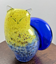 Carlo Moretti Murano Hand Blown Signed Glass Cat Figurine Yellow & Blue 6"