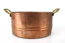 Antica Casseruola Ovale in Rame Stagnato Pentola Vaso Decorativo Manici Ottone