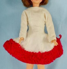 Costume e cappello pattinaggio bambola Tammy bianco velluto a coste frange rosse fatto a mano senza bambola #23