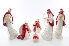 Set Statue Natività Presepe Completo 6 Pezzi in Porcellana Decoro Rosso 30 CM