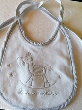 Bavaglino Neonato Spugna Di Cotone Con Ricamo E Bordatura In Grigio/blu