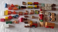 Collezione Lotto Giocattoli Legno Vintage Pinocchio Costruzioni Timbri Trenino