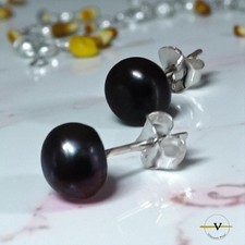 ORECCHINI DONNA A BOTTONE ARGENTO 925 PERLE DI ACQUA  DOLCE NERO 6,5 - 7,5 MM