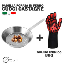 PADELLA per CASTAGNE CALDARROSTE da 26cm con MANICO in FERRO  e GUANTO TERMICO