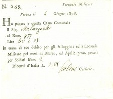 1808 VERONA MALMIGNATI paga affitto Locanda Militare per due soldati *Ricevuta