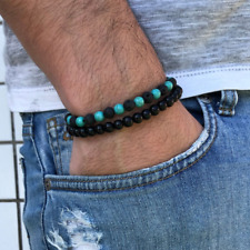 Set Bracciali Pietra Lavica Turchese naturale Perle Nero Elastico bracciale Uomo