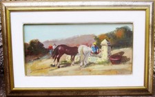 ENNIO TORTOLI - CAVALLI ALL'ABBEVERATA - VECCHIO QUADRO DIPINTO OLIO
