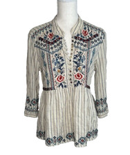 Camicetta Johnny Was blu crema rossa ricamata righe floreali piccola boho autunno artistico