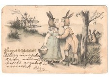 1904 cartolina Primi'900 pasquale liberty bambini cesto uova conigli paesaggio