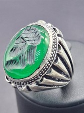 Anello intaglio uccellino pietra giada placcata argento antico romano gioiell...