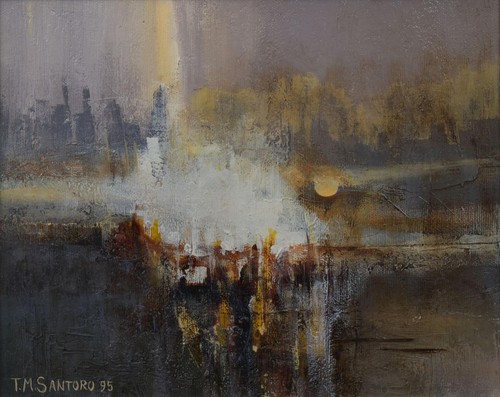 Paesaggio urbano sul lago - urbano, olio