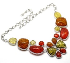 NOTEVOLE COLLANA '50 gr.98 AMBRA,AGATA VULCANICA MULTICOLORE,ARGENTO/ORO BIANCO!
