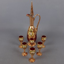 Servizio Liquore Vetro Murano Rosso Tre Fuochi Oro Smalti Vintage Anni 70