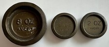 3 x Antique Avery Brass Scale Weights, 1 x 8oz and 2 x 2oz