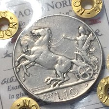 MONETA REGNO D' ITALIA BIGA 10 LIRE 1928 1 ROSETTA ARGENTO NC PERIZIA NORIS