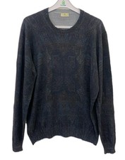 Maglione Etro Milano Uomo Large 100% Lana Vergine Made in Italy Blu Paisley #33