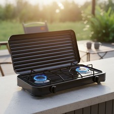 Fornello a Gas 2 Fuochi con Coperchio Campeggio Piano Cottura Fornello Esterno Nero Metallo