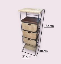 Cassettiera in Vimini con Struttura in Metallo, 3 Cassetti e Piano in Legno